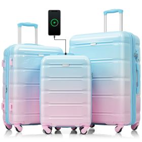 Luggage Set of 3, 20-inch with USB Port, Airline Certified Carry-on Luggage with Cup Holder, ABS+PC Hard Shell Luggage with Spinner Wheels, light blue