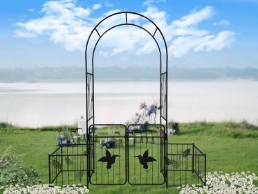 Metal Garden Arch with doors Garden Arbor Trellis Climbing Plants Support Arch Outdoor Arch Wedding Arch Party Events Archway Black (Color: as Pic)